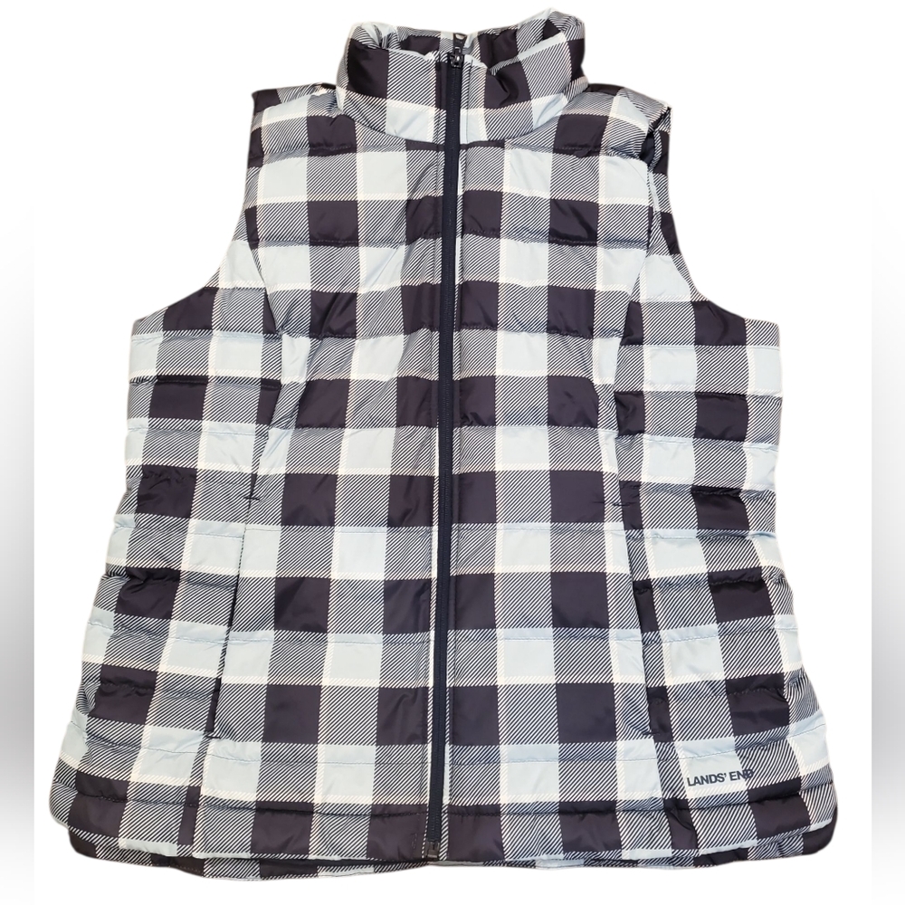 Lands' End Women's Puffer Navy Blue and Light Blue Plaid Vest MEDIUM